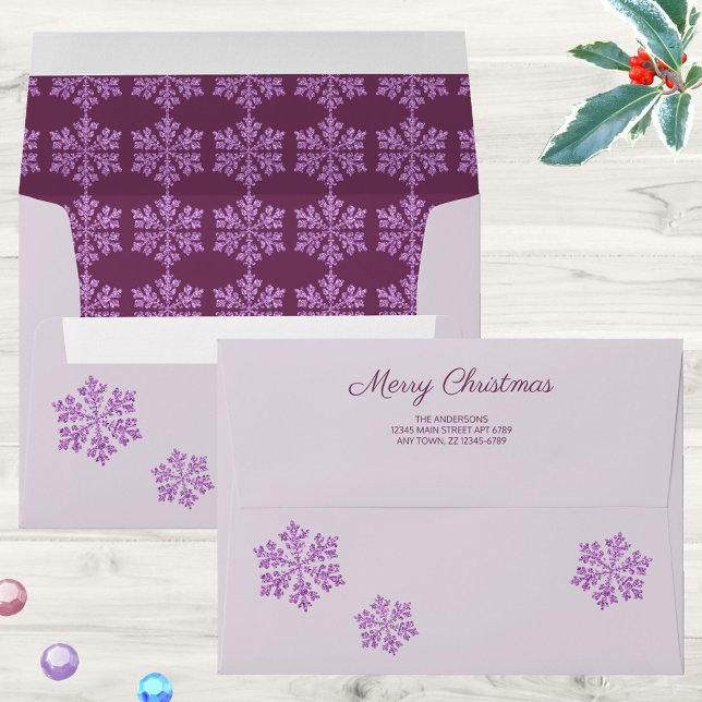 Snowflake Plum Bling Rustic Sparkle Christmas Envelope (Inside these lavender envelopes with purple snowflakes is the surprise of dark plum purple)