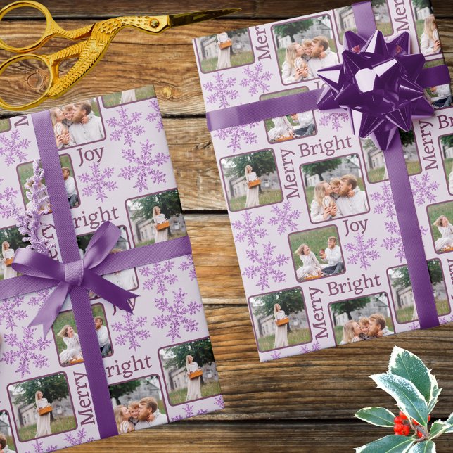 Snowflake Purple Glam 3 Photo Collage Christmas Wrapping Paper (Create your own photo wrapping paper with purple snowflakes and a little faux glitter Christmas glam)