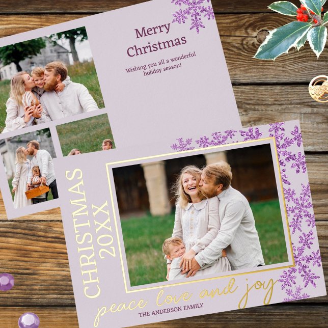 Snowflake Purple Glam 4 Photo Year Chic Gold (Add your 4 photos and the year to these custom purple snowflake Christmas cards)