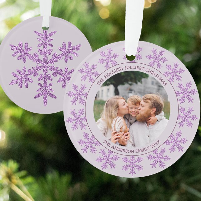 Snowflake Purple Glam Cute Christmas Round Photo Ornament (Double sided Christmas ornament with your photo and text & a single purple snowflake on the reverse)