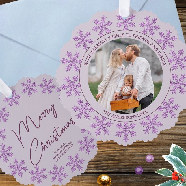 Snowflake Purple Glam Elegant Photo Christmas Tree Decoration Card (Add your photo & text to these fun purple snowflake ornament cards for a festive Christmas surprise)
