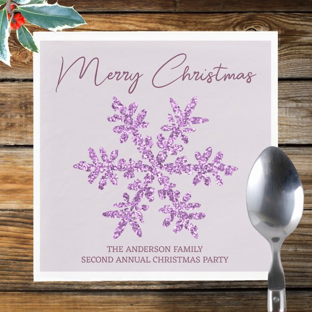Snowflake Purple Glam Minimal Christmas Party Napkin (Personalize these trendy purple snowflake Merry Christmas paper napkins for your holiday events)