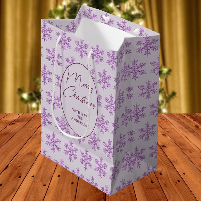 Snowflake Purple Glam Pattern Christmas Script Medium Gift Bag (This festive purple snowflake pattern Christmas gift bag is ready for you to personalize it )
