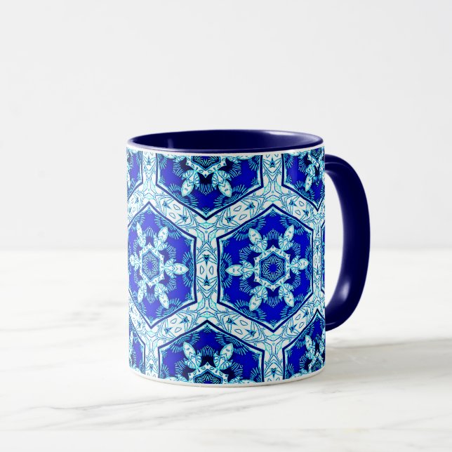 Snowflake Quit Pattern - Cobalt Blue and White Mug (Front Right)