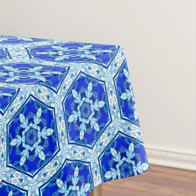 Snowflake Quit Pattern - Cobalt Blue and White  Tablecloth (In Situ)