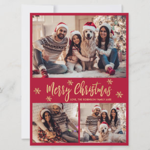 Snowflake Red and Gold 4 Photo Collage Christmas Holiday Card