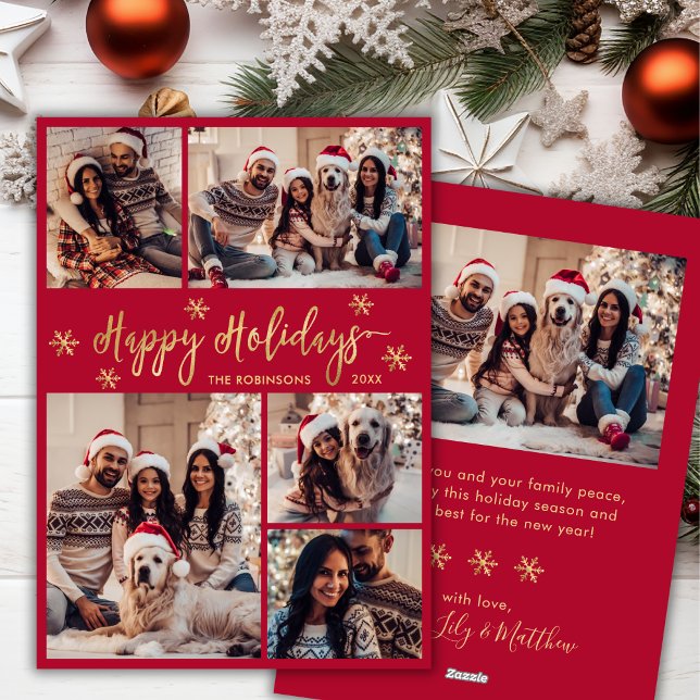 Snowflake Red and Gold 5 Photo Collage Christmas Holiday Card (Creator Uploaded)