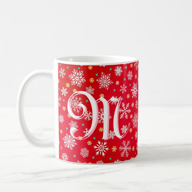 Snowflake Red Festive Modern Chic Elegant Monogram Coffee Mug (Left)