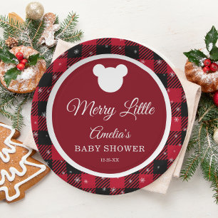Snowflake Red Plaid Merry Little Baby Shower Paper Plate
