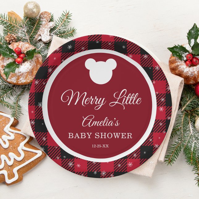 Snowflake Red Plaid Merry Little Baby Shower Paper Plate (Creator Uploaded)