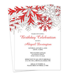 Snowflake Red Silver Winter Birthday Invitations