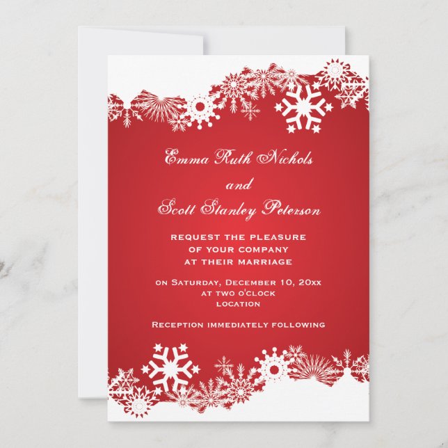 Snowflake red white modern winter wedding invitation (Front)