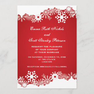 Snowflake red white modern winter wedding invitation