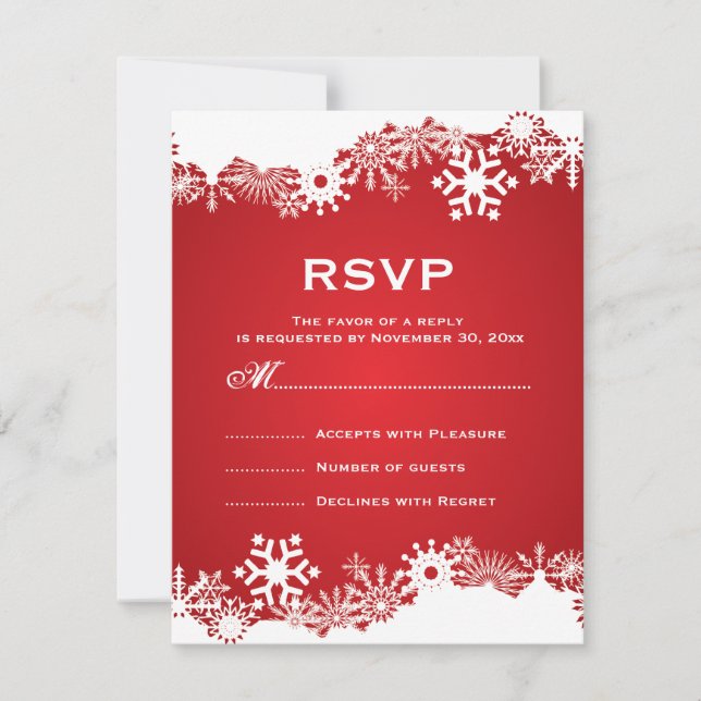 Snowflake red white winter wedding RSVP Card (Front)