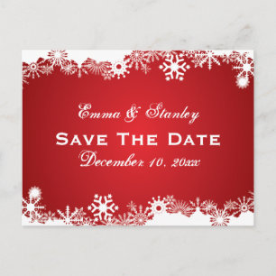 Snowflake red white winter wedding Save the Date Announcement Postcard