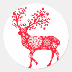 Snowflake Reindeer - Red Classic Round Sticker