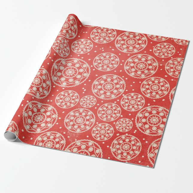 Snowflake Rounds on Red Wrapping Paper (Unrolled)