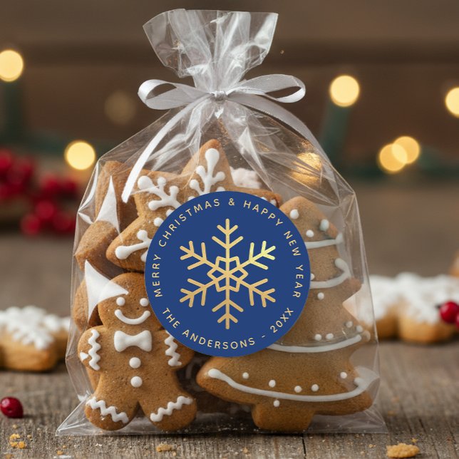 Snowflake Royal Blue Elegant Faux Gold Christmas  Classic Round Sticker (Creator Uploaded)