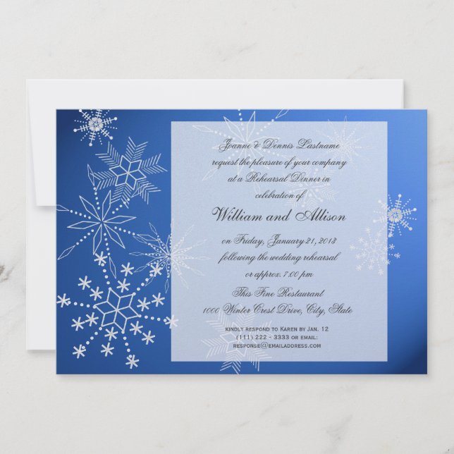 Snowflake Sapphire Blue Rehearsal Dinner Invitation (Front)