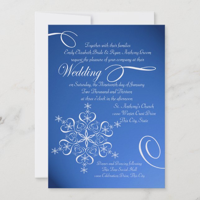 Snowflake Sapphire Blue Winter Wedding Invitation (Front)