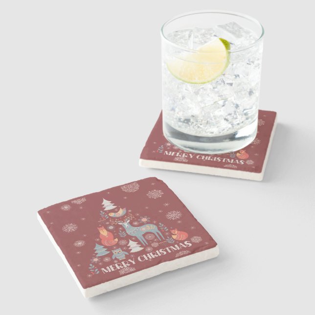 Snowflake Scandinavian Reindeer Tree Animal Red  Stone Coaster (Side)