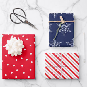 Snowflake snow dots and candy cane stripes wrapping paper sheet
