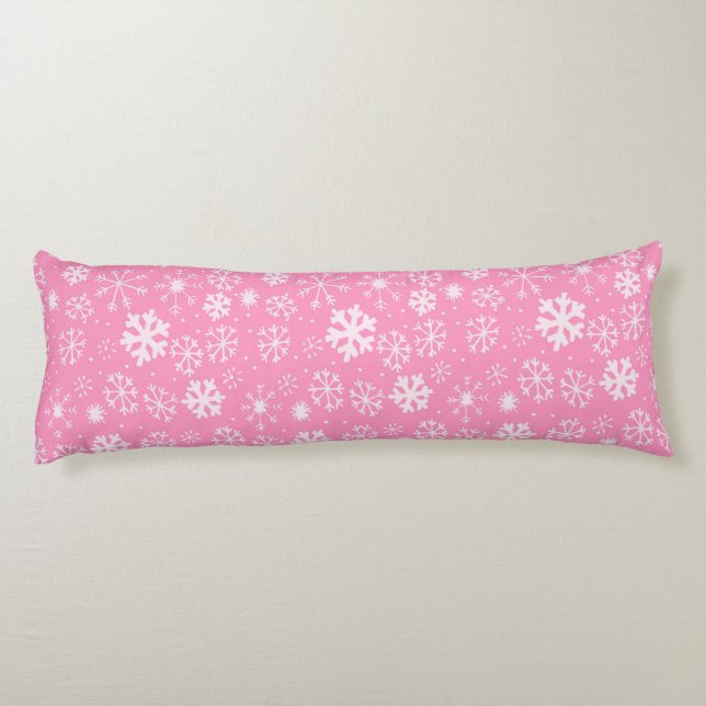 Snowflake Snowstorm In Pastel Pink Body Cushion (Back)