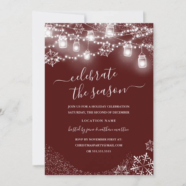 Snowflake String Lights Red Christmas Party Invitation (Front)