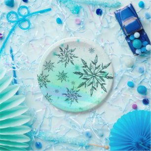 Snowflake swirl teal blue green white paper plate