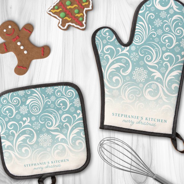 Snowflake Swirls On Blue Cute Custom Christmas Oven Mitt & Pot Holder Set (Creator Uploaded)