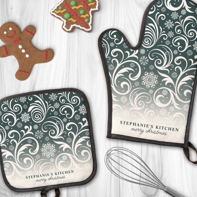 Snowflake Swirls On Dark Green Custom Christmas Oven Mitt & Pot Holder Set (Creator Uploaded)