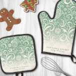 Snowflake Swirls On Green Cute Custom Christmas Oven Mitt & Pot Holder Set<br><div class="desc">Elevate your holiday kitchen decor with this elegant oven mitt and pot holder set featuring a stunning design of snowflake swirls on a green background. Perfect for adding a touch of festive sophistication to your culinary space, this set is both practical and beautiful. Customise it with your name or a...</div>