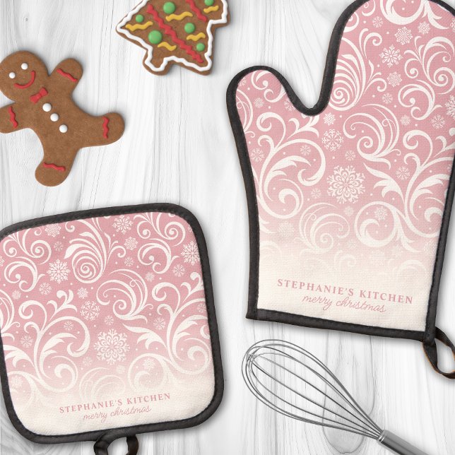Snowflake Swirls On Pink Cute Custom Christmas Oven Mitt & Pot Holder Set (Creator Uploaded)
