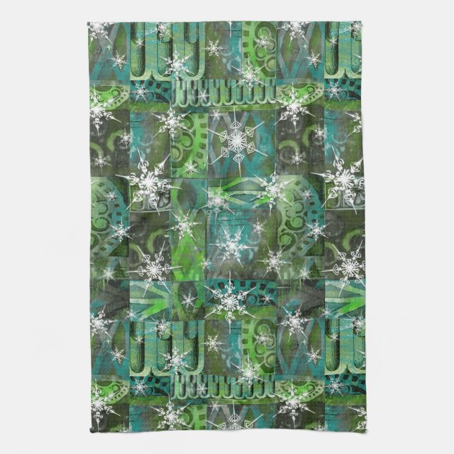 Snowflake Teal and Green Holiday Kitchen Towel (Vertical)