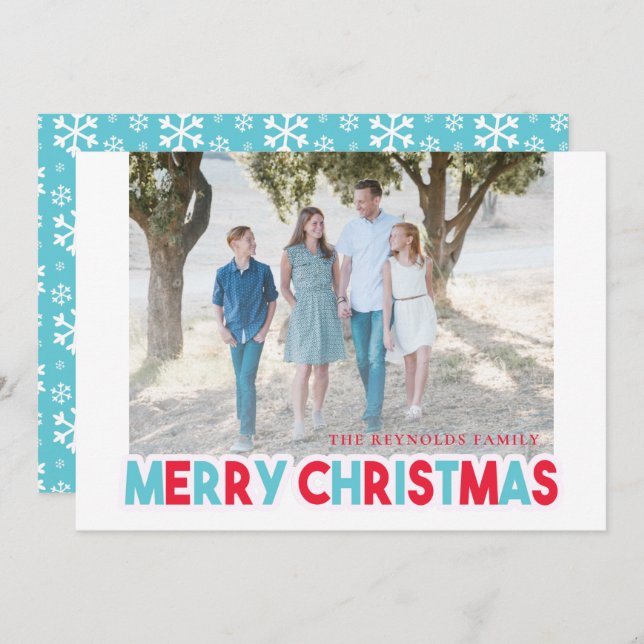 Snowflake Teal and Red Merry Christmas Photo Holiday Card (Front/Back)