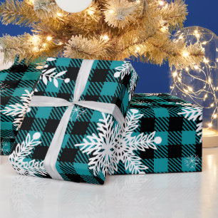 Snowflake Teal Black Plaid Wrapping Paper