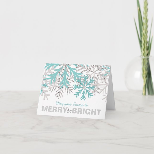 Snowflake Teal Blue Silver Winter Holiday Card (Front)