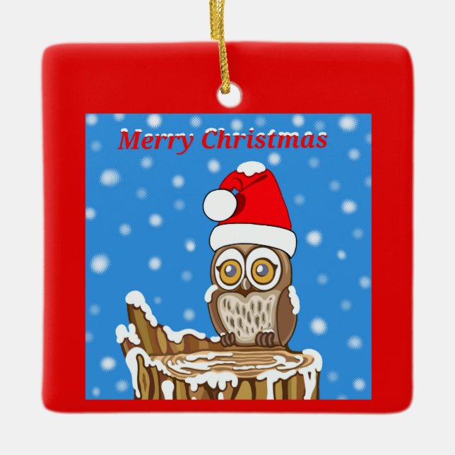 Snowflake the Owl at Christmas Ceramic Tree Decoration (Front)