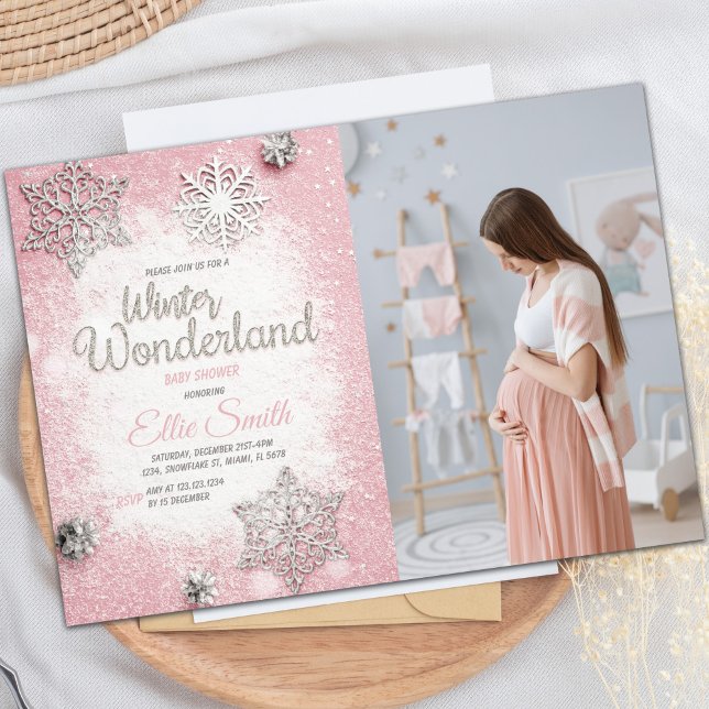 Snowflake Theme for Baby Girl Invitation (Pink Silver Glitter Winter Baby Shower Invitations)
