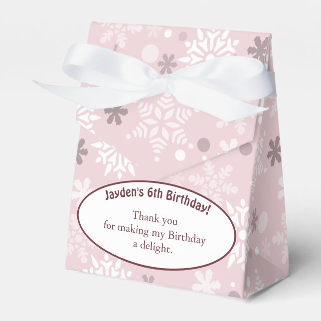Snowflake-Themed 6th Birthday Party Pale Pink Favour Box (Front Side)