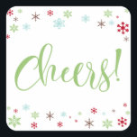 Snowflake Whimsy Cheers, Apple Green Type Square Sticker<br><div class="desc">Send your Christmas greetings with style! Using a fresh, modern palette with a retro vibe, this whimsical design was created for those who enjoy trends but appreciate a unique flavour. The word "Cheers!" is rendered in a swirling calligraphy font, in apple green. Around the words are snowflakes in robin's egg...</div>