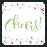 Snowflake Whimsy Cheers, Apple Green Type Square Sticker<br><div class="desc">Send your Christmas greetings with style! Using a fresh, modern palette with a retro vibe, this whimsical design was created for those who enjoy trends but appreciate a unique flavour. The word "Cheers!" is rendered in a swirling calligraphy font, in apple green. Around the words are snowflakes in robin's egg...</div>