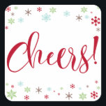 Snowflake Whimsy Cheers! Red Typography Square Sticker<br><div class="desc">Send your Christmas greetings with style! Using a fresh, modern palette with a retro vibe, this whimsical design was created for those who enjoy trends but appreciate a unique flavour. "Cheers!" is rendered in a swirling calligraphy font, in a cheerful bright red. Around the words are snowflakes in matching red,...</div>