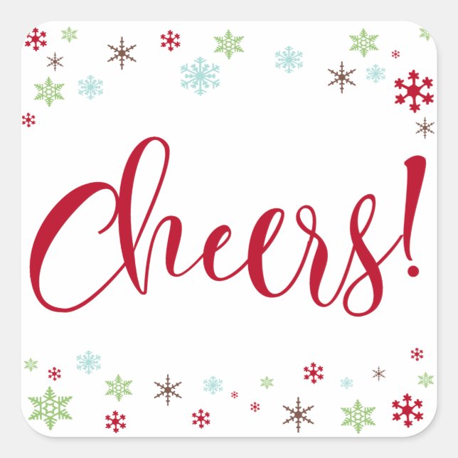 Snowflake Whimsy Cheers! Red Typography Square Sticker (Front)