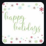 Snowflake Whimsy Happy Holidays, Apple Green Type Square Sticker<br><div class="desc">Send your Christmas greetings with style! Using a fresh, modern palette with a retro vibe, this whimsical design was created for those who enjoy trends but appreciate a unique flavour. The words "happy holidays" are rendered in a swirling calligraphy font, in apple green. Around the words are snowflakes in robin's...</div>