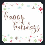 Snowflake Whimsy Happy Holidays, Brown Typography Square Sticker<br><div class="desc">Send your Christmas greetings with style! Using a fresh, modern palette with a retro vibe, this whimsical design was created for those who enjoy trends but appreciate a unique flavour. The words "happy holidays" are rendered in a swirling calligraphy font, in warm brown. Around the words are snowflakes in robin's...</div>