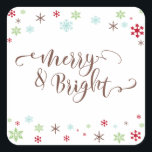 Snowflake Whimsy Merry & Bright, Brown Typography Square Sticker<br><div class="desc">Send your Christmas greetings with style! Using a fresh, modern palette with a retro vibe, this whimsical design was created for those who enjoy trends but appreciate a unique flavour. The words "Merry & Bright" are rendered in a swirling calligraphy font, in warm brown. Around the words are snowflakes in...</div>