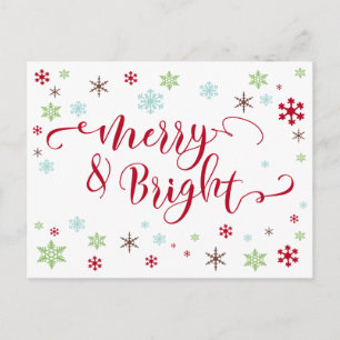 Snowflake Whimsy Merry & Bright Red Typography Holiday Postcard