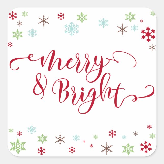 Snowflake Whimsy Merry & Bright Red Typography Square Sticker (Front)