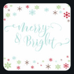 Snowflake Whimsy Merry & Bright, Robin's Egg Blue Square Sticker<br><div class="desc">Send your Christmas greetings with style! Using a fresh, modern palette with a retro vibe, this whimsical design was created for those who enjoy trends but appreciate a unique flavour. The words "Merry & Bright" are rendered in a swirling calligraphy font, in robin's egg blue. Around the words are snowflakes...</div>